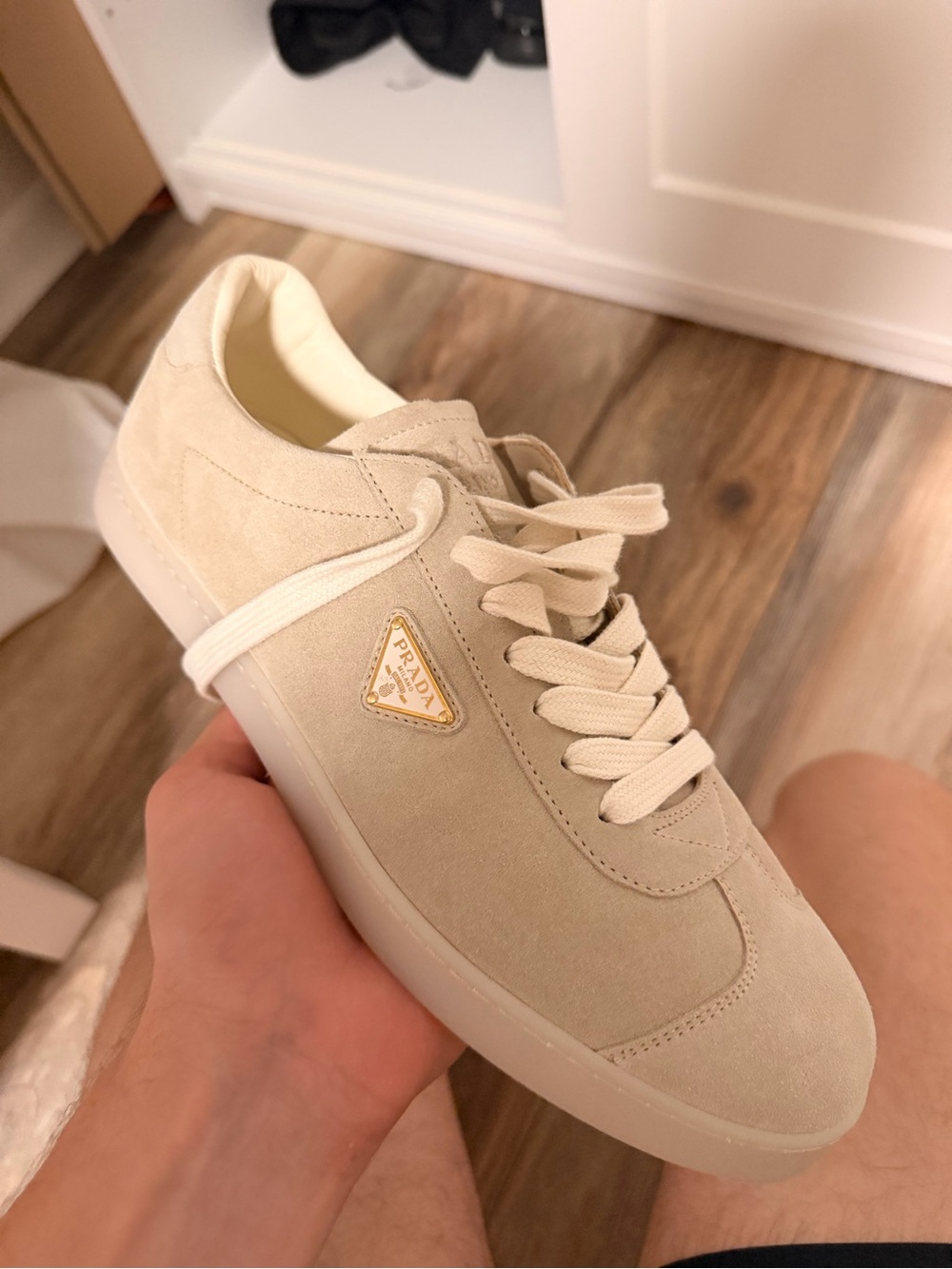 Prada Cream Suede Low-Top Lace-Up Sneaker